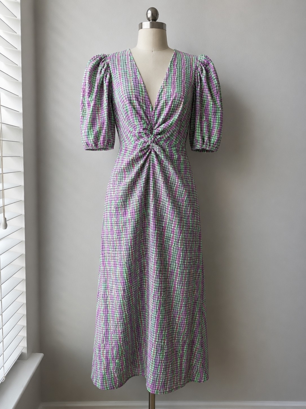 Zara Purple & Green Checked Twist-Detail Maxi Dress